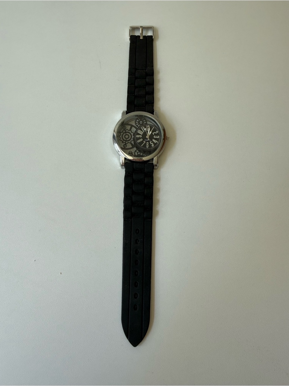 Black Silicone Strap Watch with Gear Dial